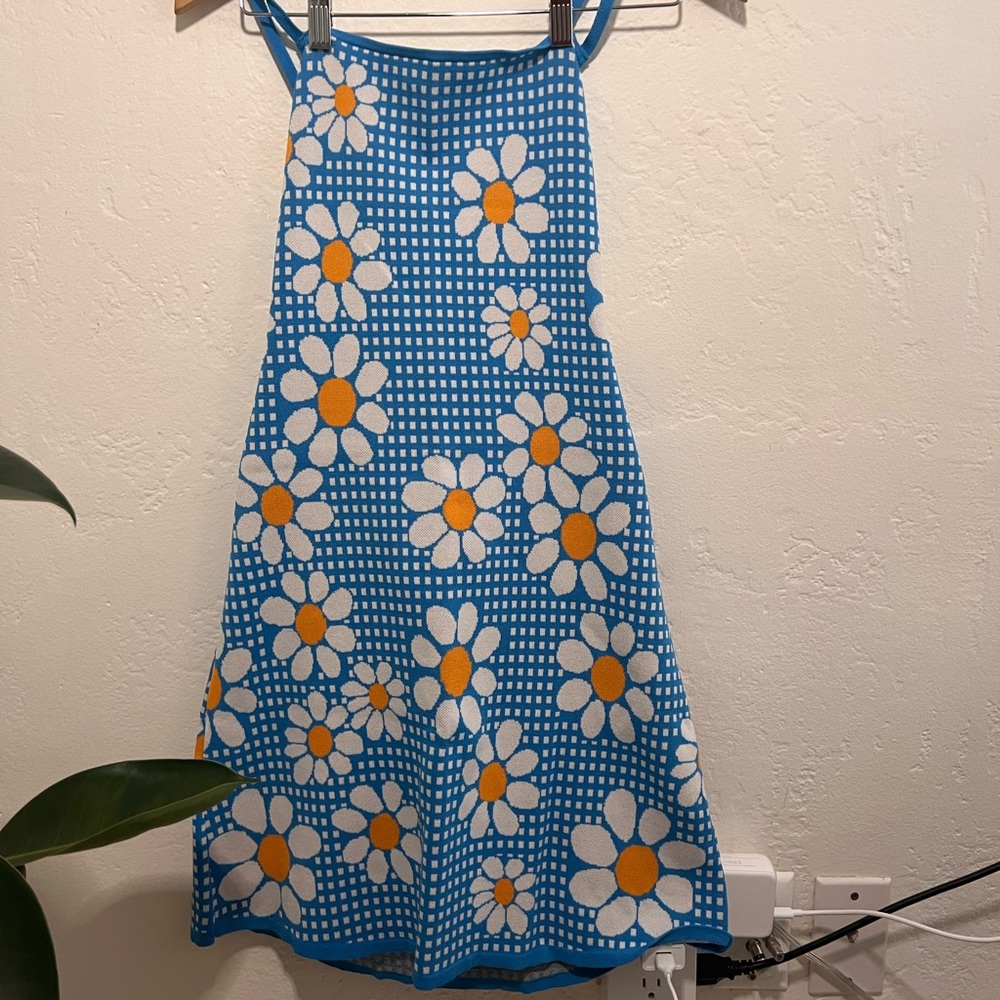Blue daisy print knit backless mini dress (Zara, size L)